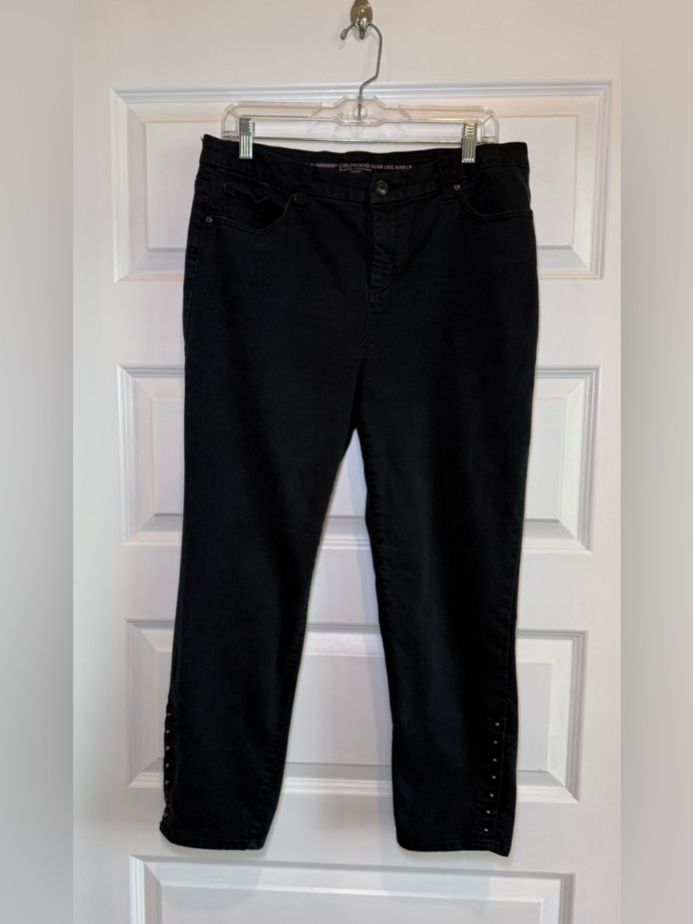 Chico's Black So Slimming Girlfriend Slim Leg Ankle Jeans with Hem Stud Detail